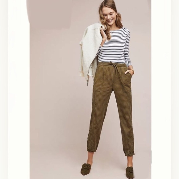 Anthropologie Flocked Joggers Olive Green Velvet Polka Dot - Picture 1 of 8